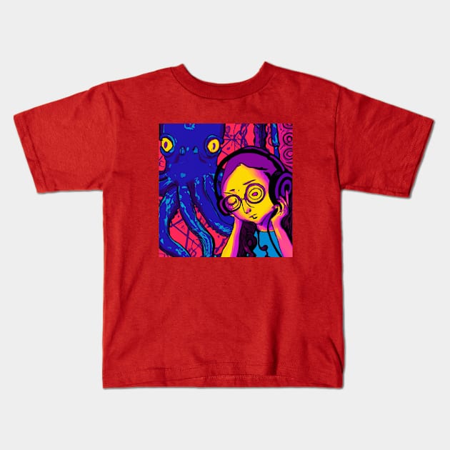 Girl and Octopus Relax to Some Chill Beats Kids T-Shirt by Star Scrunch